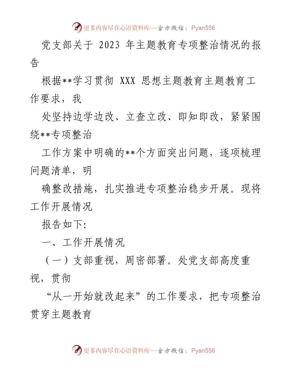 [工作总结] 党支部 - 2023年主题教育专项整治工作开展情况报告.docx_第1页