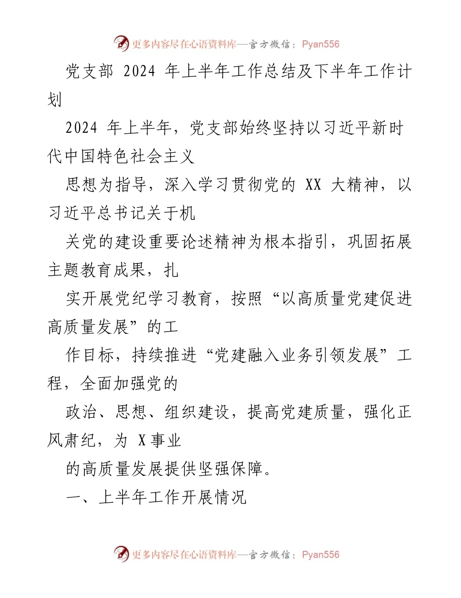 [工作总结] 党支部 - 2024年上半年工作总结及下半年工作计划.docx_第1页