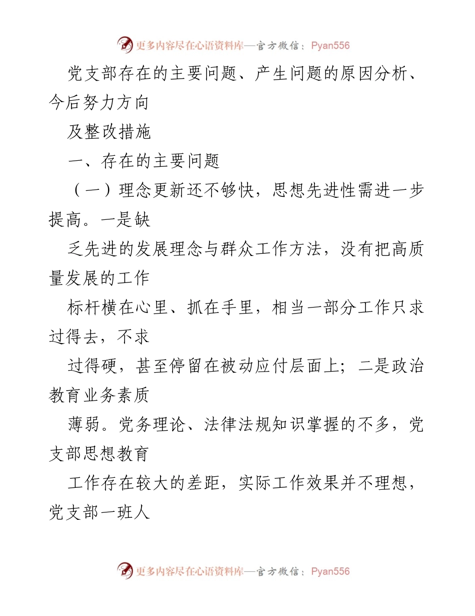 [工作总结] 党支部会议 - 党支部存在问题及整改措施分析.docx_第1页