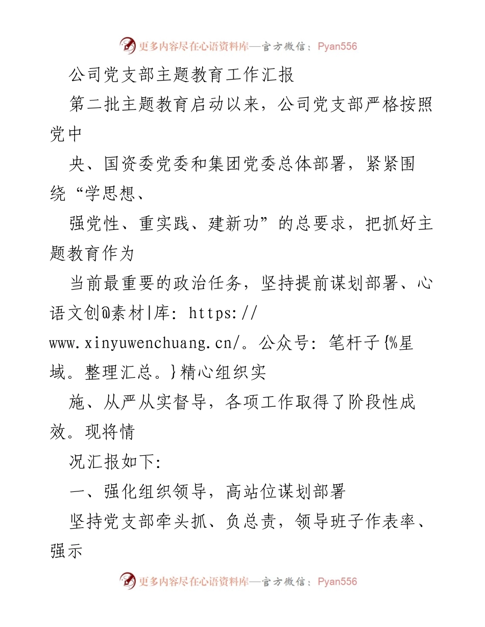 [工作总结] 公司党支部 - 主题教育工作阶段性汇报.docx_第1页