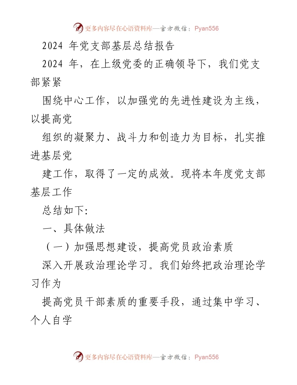[工作总结] 党支部年度总结 - 2024年党支部基层工作总结报告.docx_第1页
