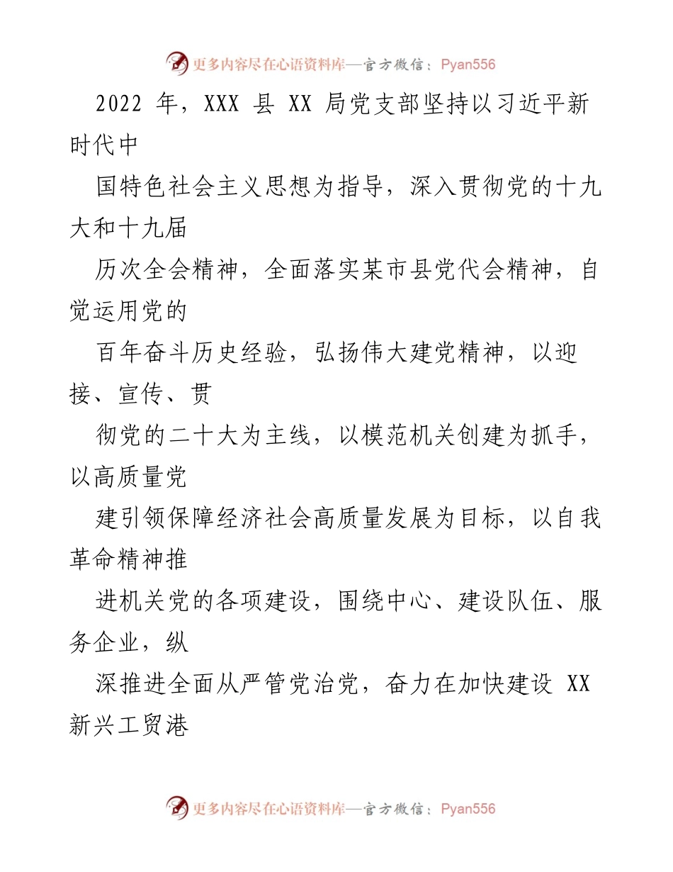 [工作总结] 党支部年度工作 - 2022年度XXX县XX局党支部工作总结报告.docx_第1页