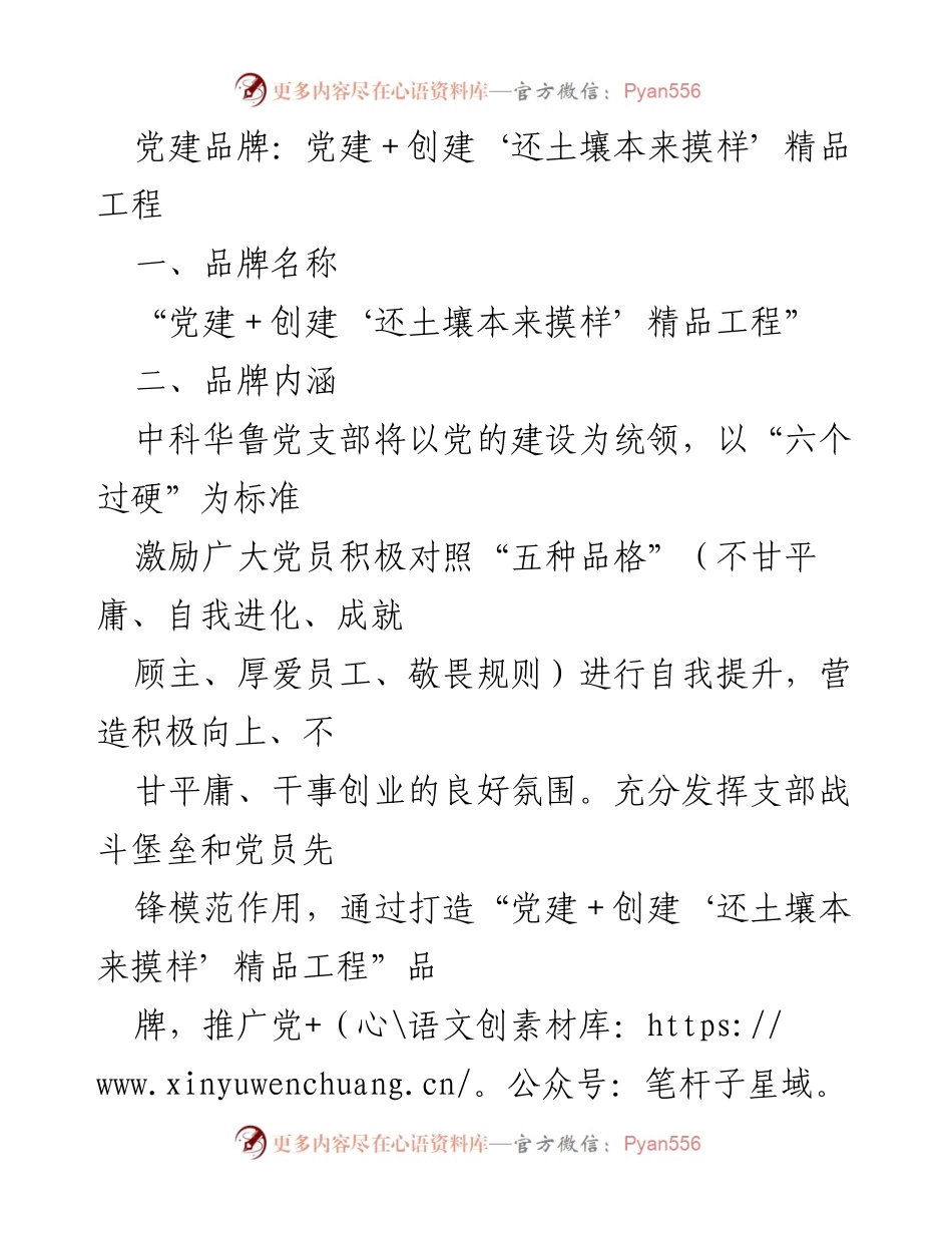 [工作总结] 党建活动 - 打造“党建＋创建‘还土壤本来摸样’精品工程”品牌工作总结.docx_第1页
