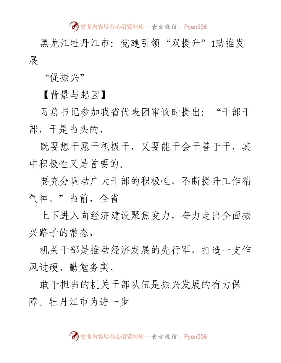 [工作总结] 党建活动 - 牡丹江市党建引领“双提升”助推经济发展.docx_第1页