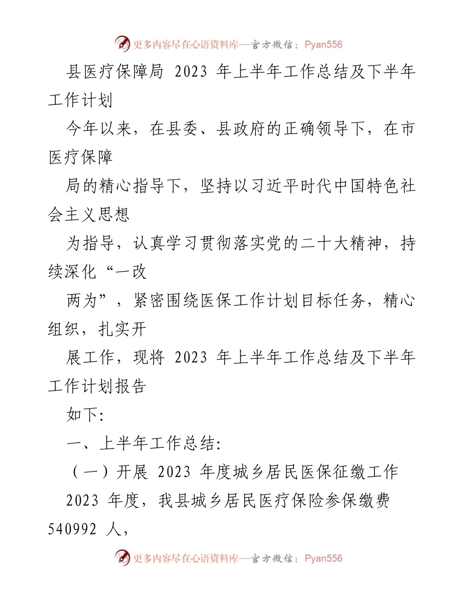 [工作总结] 医疗保障局 - 2023年上半年工作总结及下半年工作计划_2.docx_第1页
