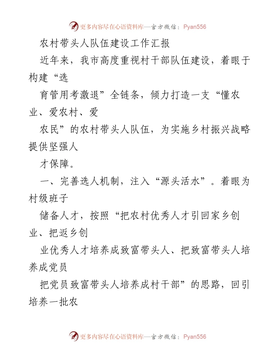 [工作总结] 农村带头人队伍建设 - 加强农村带头人队伍建设，助力乡村振兴.docx_第1页