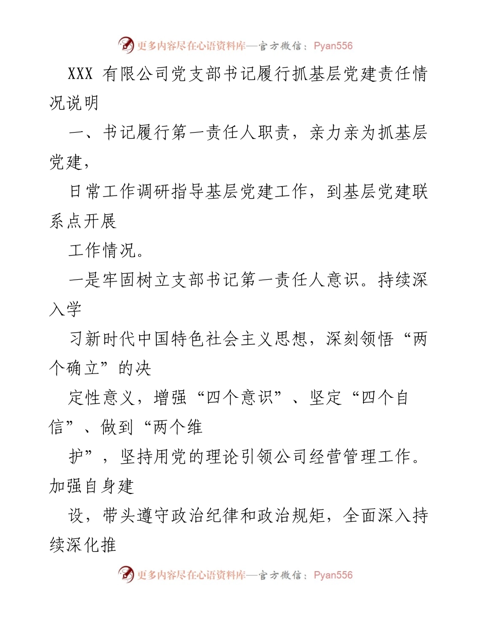 [工作总结] 公司党建工作 - 党支部书记履行基层党建责任情况总结.docx_第1页