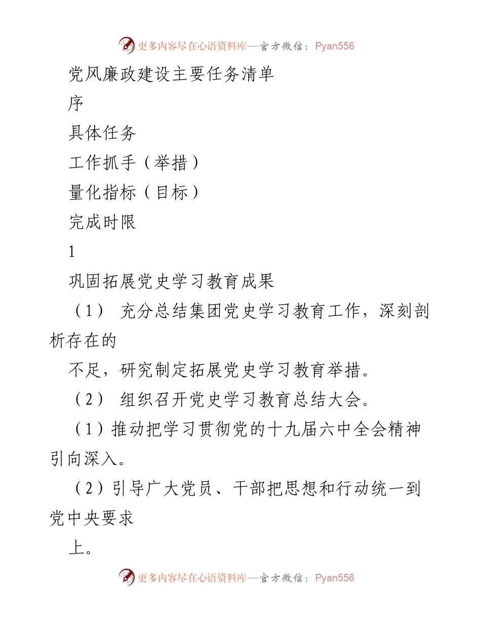 [工作总结] 党风廉政建设 - 党风廉政建设主要任务清单及实施方案.docx_第1页