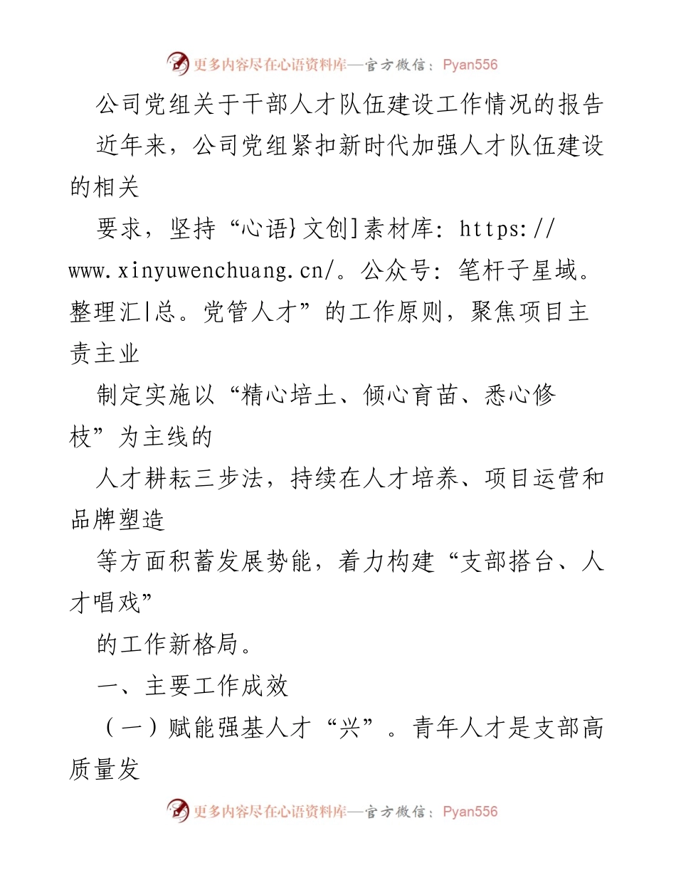 [工作总结] 公司党组 - 干部人才队伍建设工作情况报告.docx_第1页