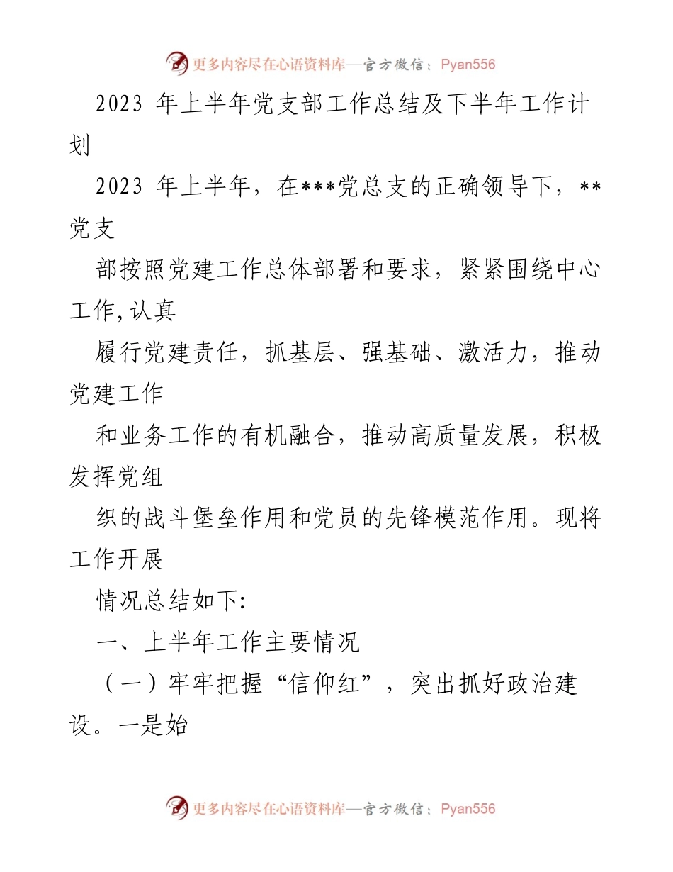 [工作总结] 党支部 - 2023年上半年党支部工作总结及下半年工作计划.docx_第1页