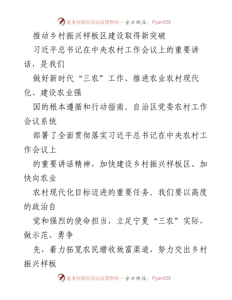 [工作总结] 农村工作会议 - 推动乡村振兴样板区建设的新突破与实践策略.docx_第1页