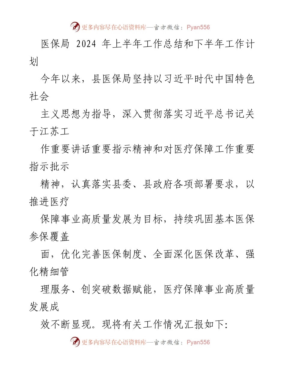 [工作总结] 医保局 - 2024年上半年工作总结与下半年计划.docx_第1页