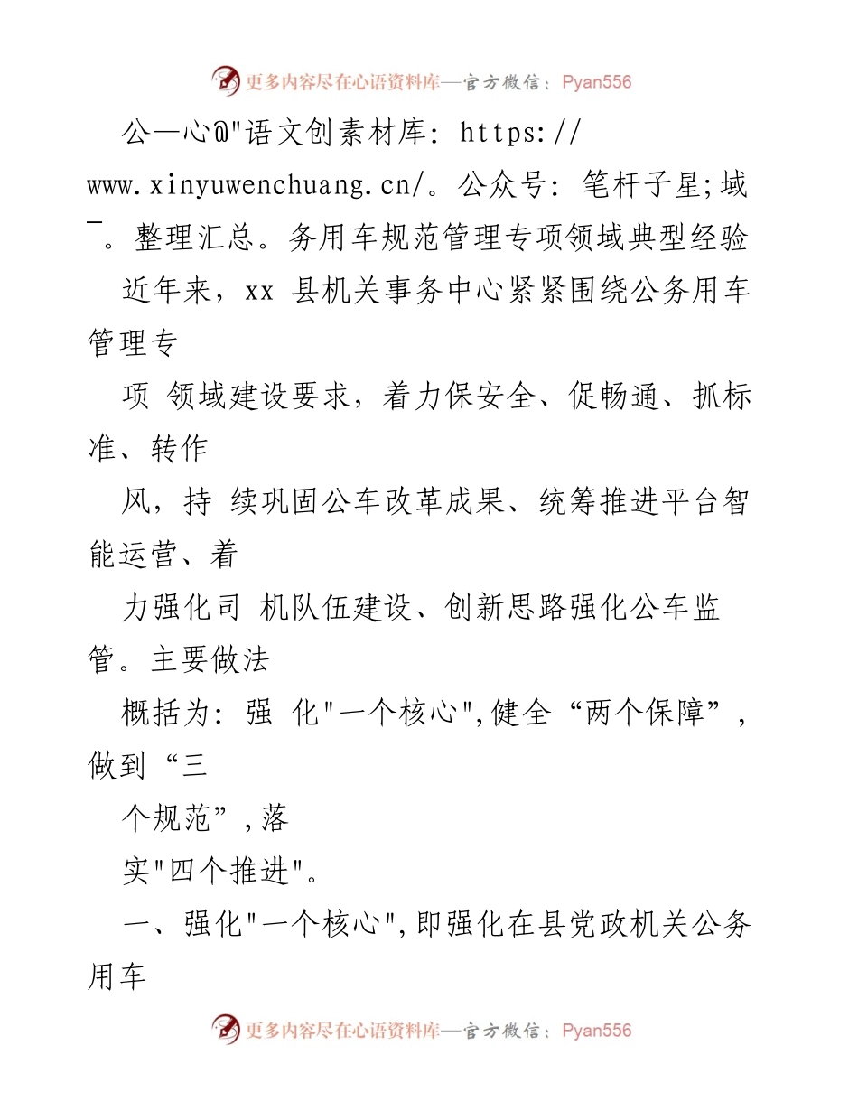 [工作总结] 公务用车管理 - xx县公务用车管理专项经验总结.docx_第1页