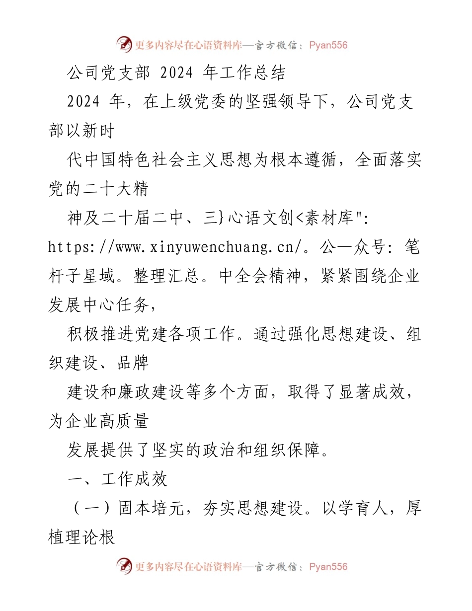 [工作总结] 公司党支部 - 2024年党建工作成效与发展策略总结.docx_第1页