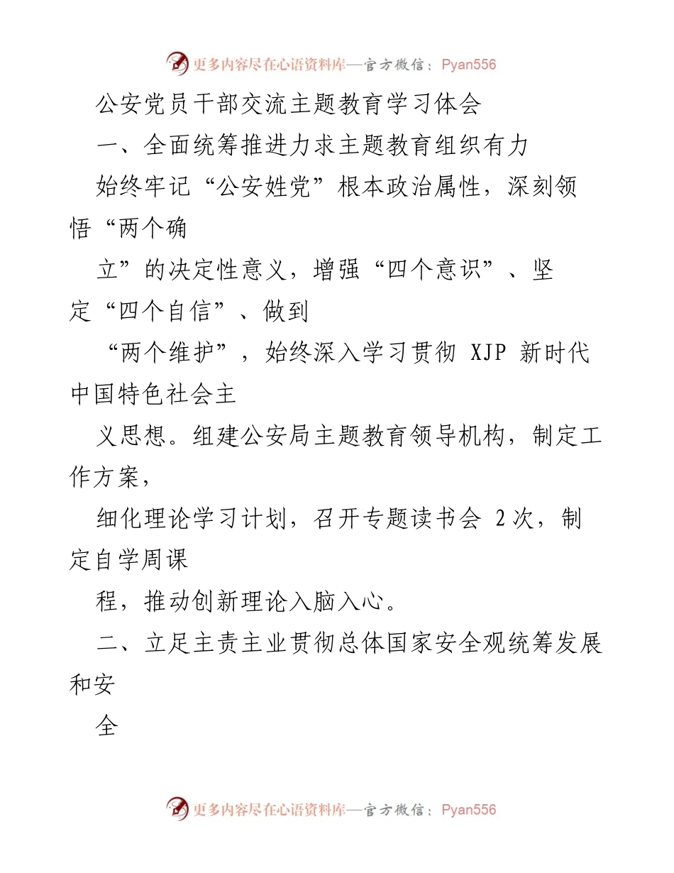 [工作总结] 公安主题教育 - 公安党员干部主题教育学习体会与安保工作实践总结.docx_第1页