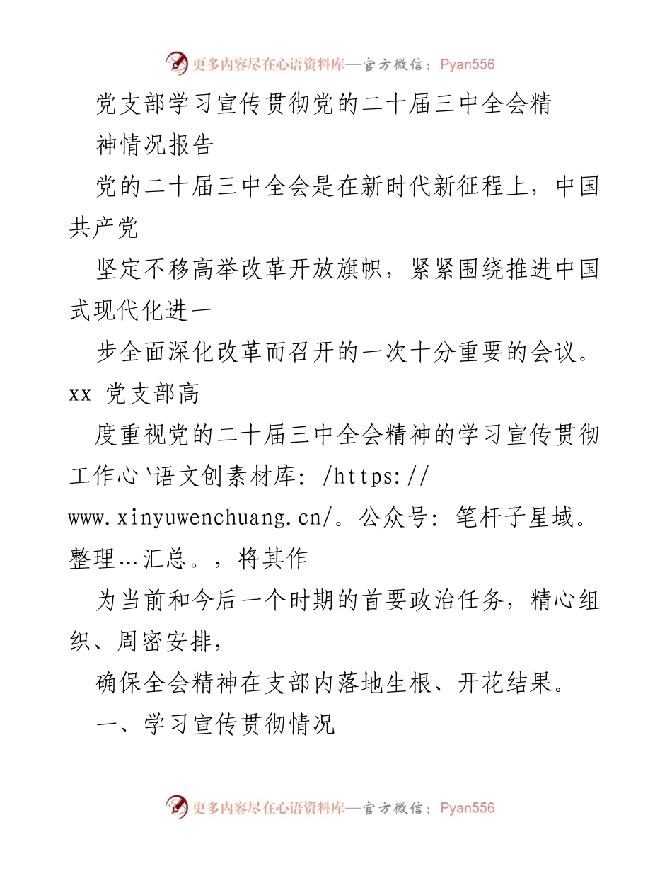 [工作总结] 党支部 - 关于学习宣传贯彻党的二十届三中全会精神的工作总结报告.docx_第1页