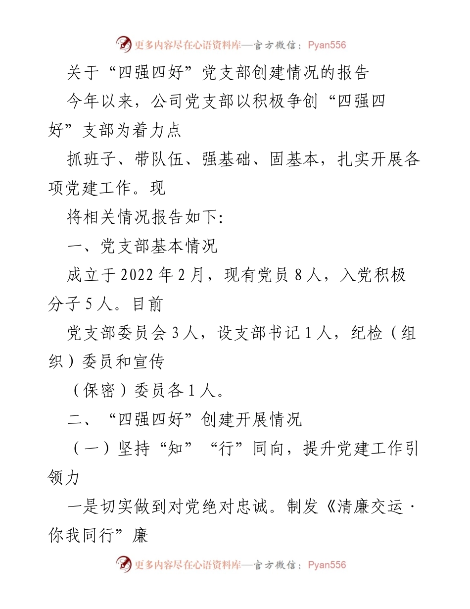 [工作总结] 党支部创建 - “四强四好”党支部创建情况总结报告.docx_第1页