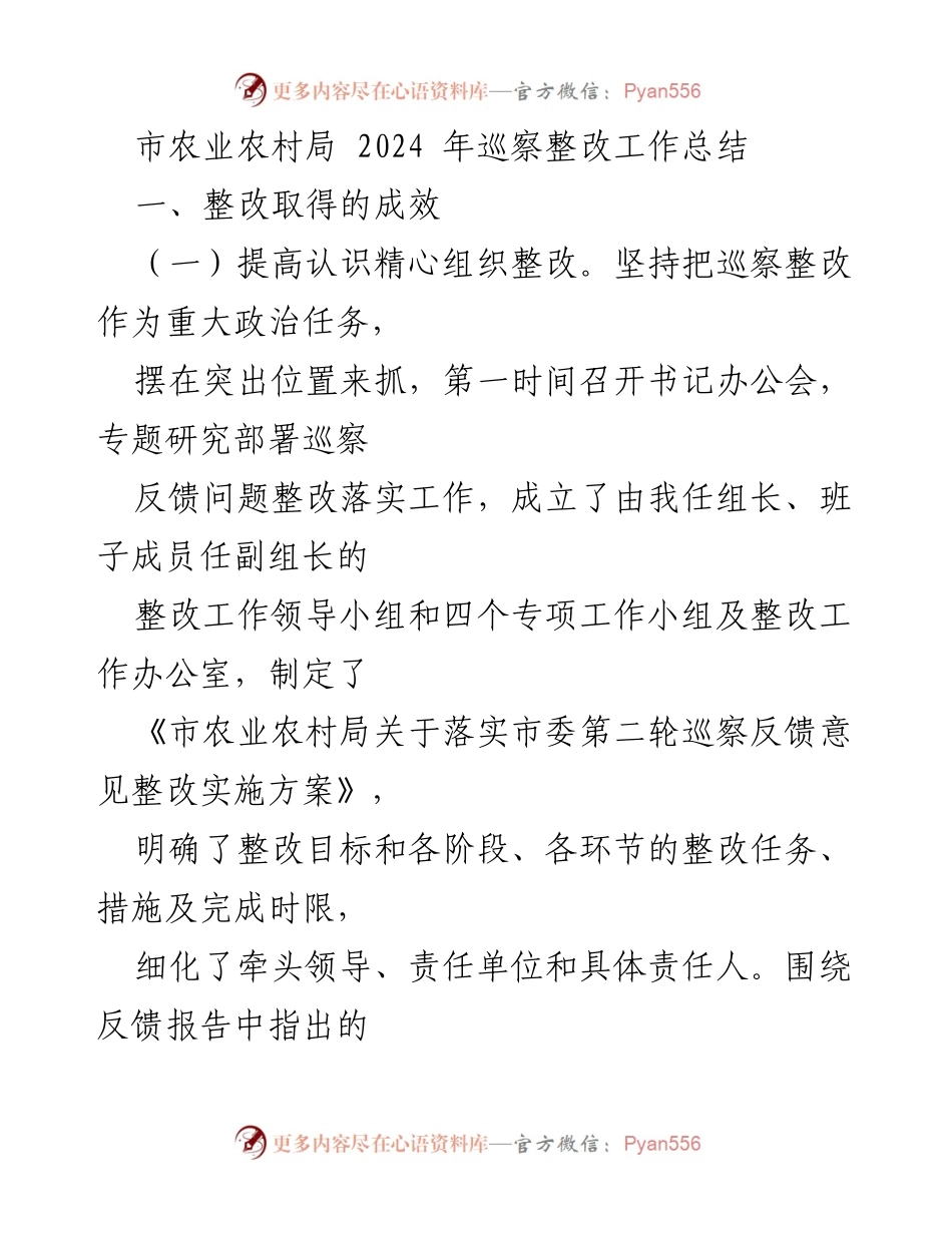 [工作总结] 农业农村局 - 2024年巡察整改工作成效总结.docx_第1页