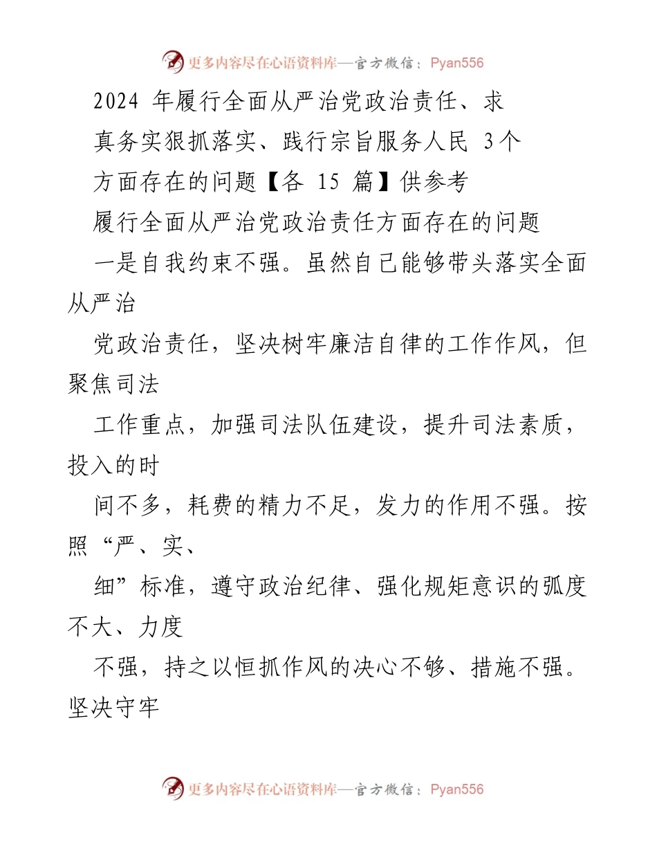 [工作总结] 党风廉政建设 - 2024年全面从严治党责任履行问题总结.docx_第1页