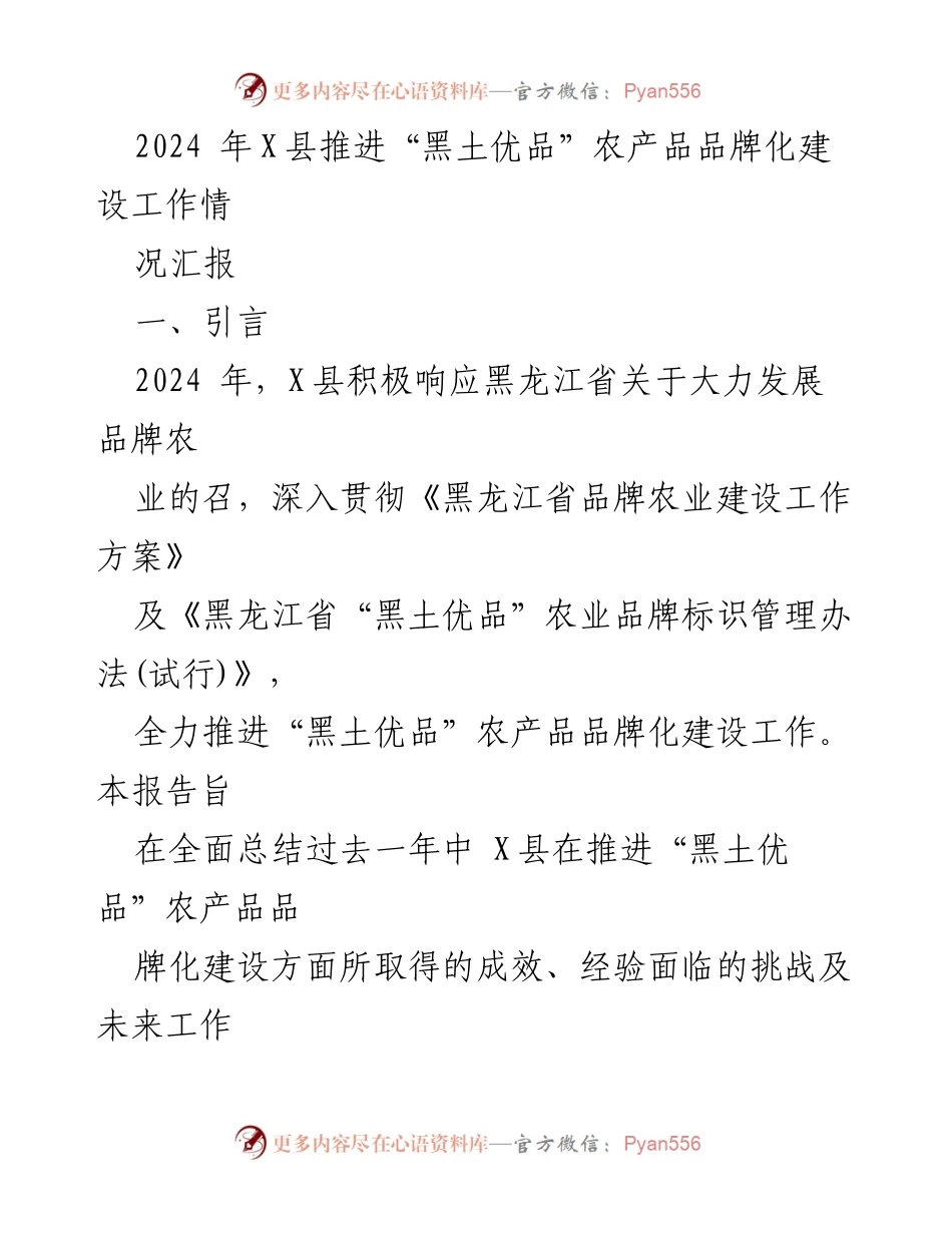 [工作总结] 农产品品牌化建设 - X县“黑土优品”农产品品牌化建设工作总结报告.docx_第1页