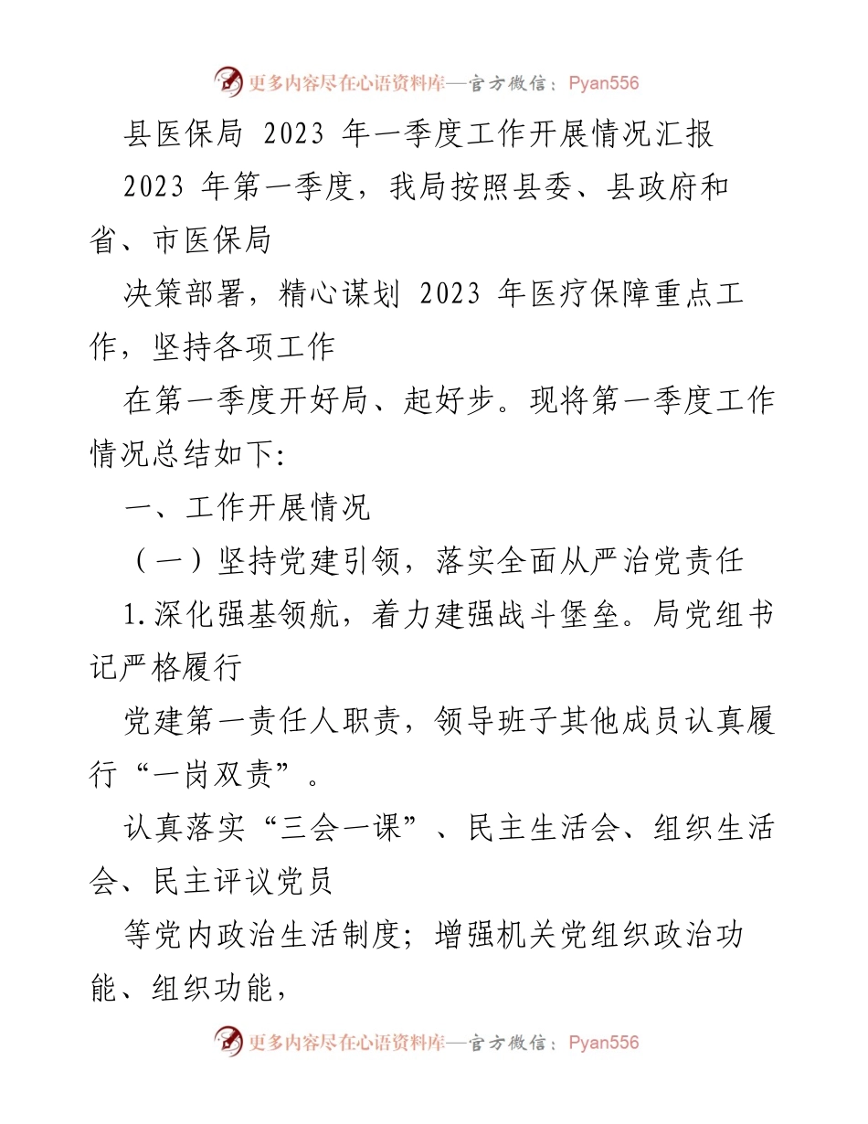[工作总结] 医保局 - 2023年第一季度医保工作开展情况汇报.docx_第1页