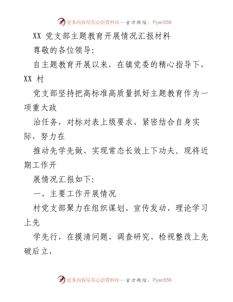 [工作总结] 党支部主题教育 - XX村党支部主题教育开展情况总结报告.docx_第1页