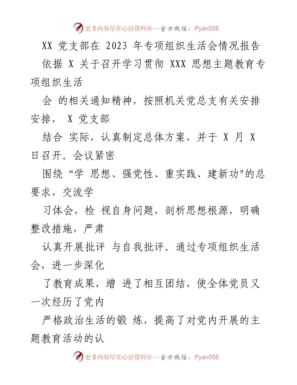 [工作总结] 党支部专项组织生活会 - XX党支部2023年专项组织生活会情况总结报告.docx_第1页