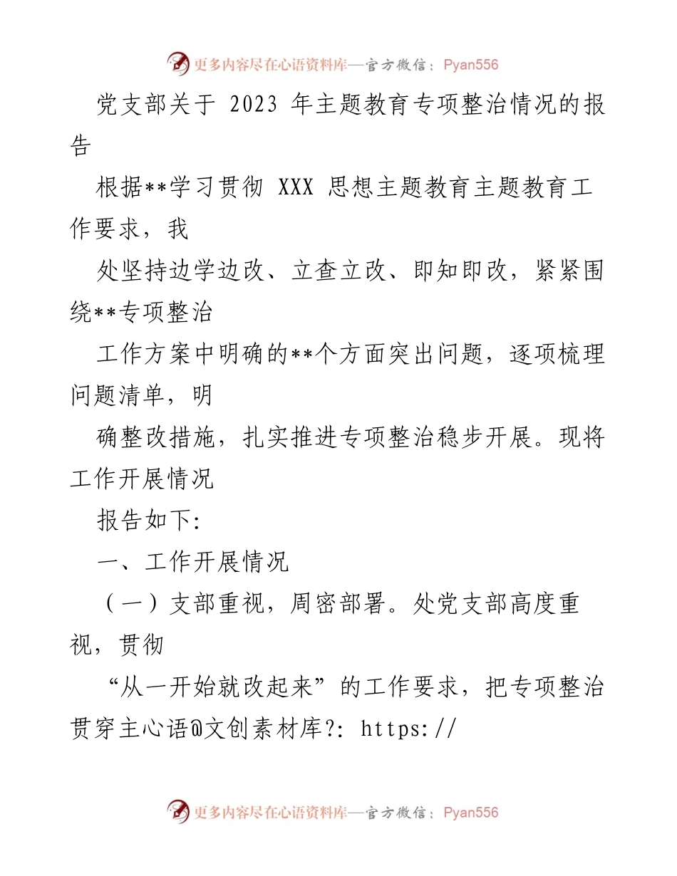 [工作总结] 党支部 - 2023年主题教育专项整治工作开展情况报告_1.docx_第1页