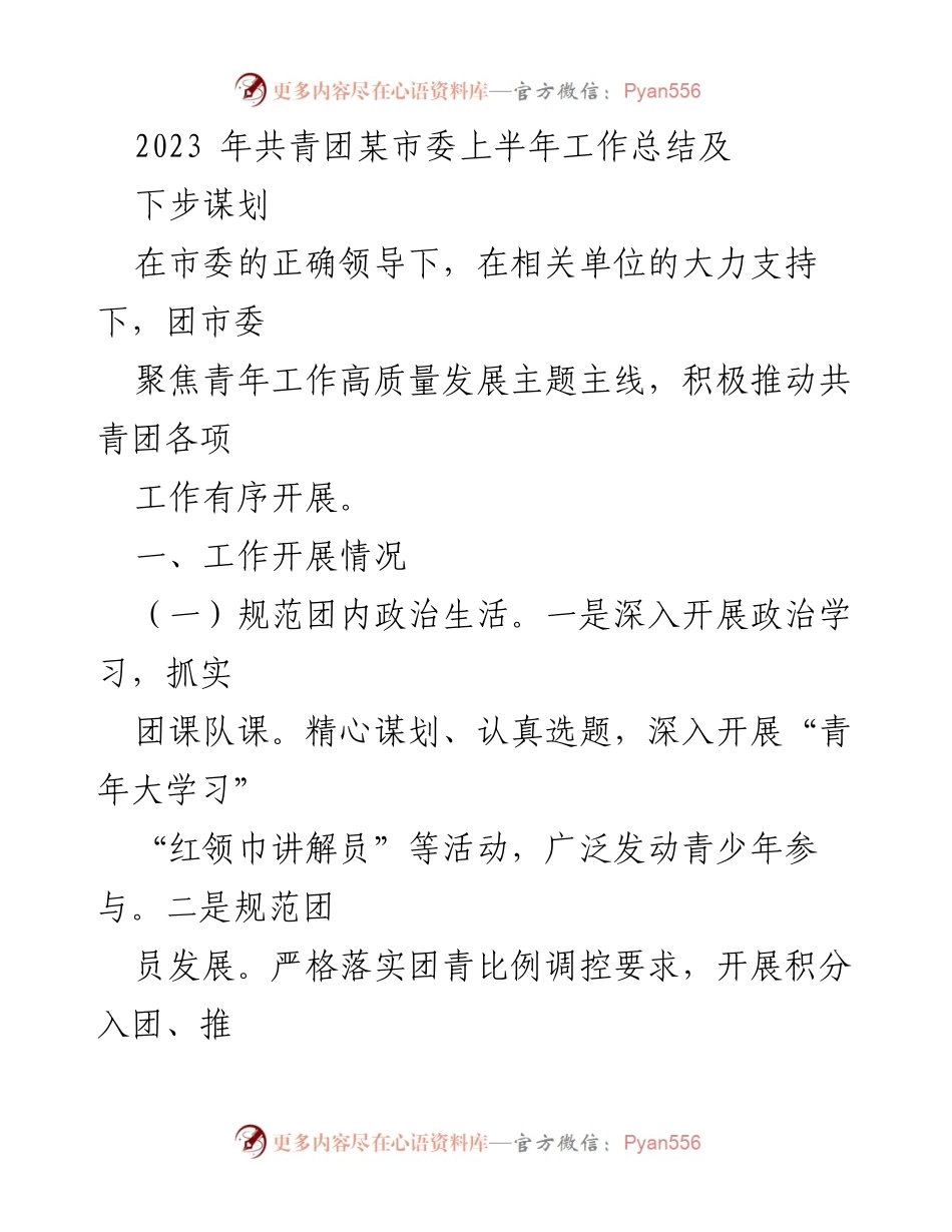 [工作总结] 共青团市委 - 2023年上半年共青团工作总结与下步规划.docx_第1页