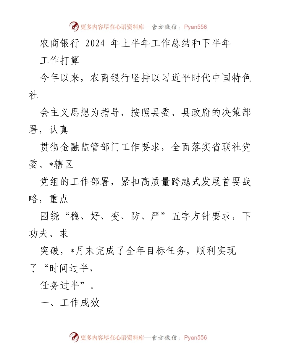 [工作总结] 农商银行 - 2024年上半年工作总结与下半年工作打算.docx_第1页