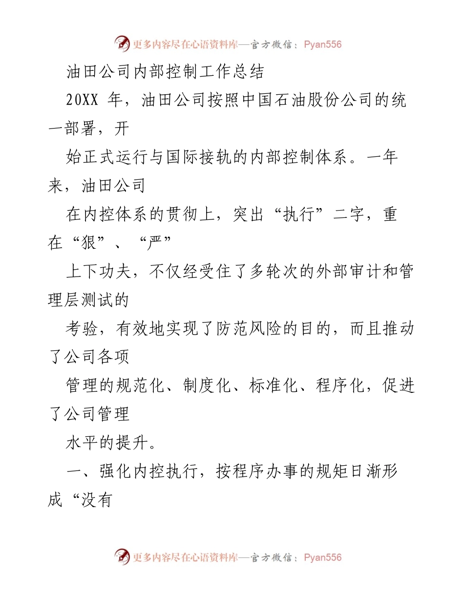 [工作总结] 内部控制 - 油田公司内部控制体系执行工作总结.docx_第1页