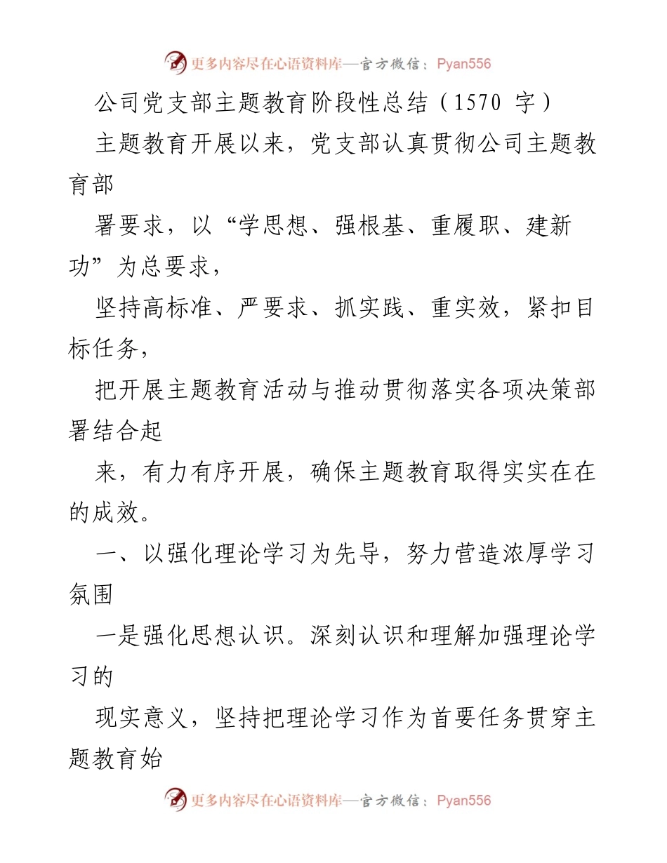 [工作总结] 公司党支部 - 主题教育阶段性总结与实践成效.docx_第1页