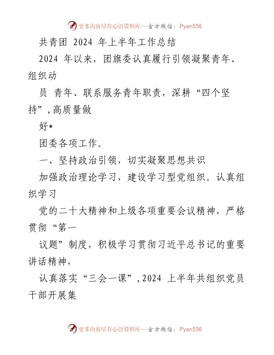 [工作总结] 共青团 - 2024年上半年工作总结与青年思想引领策略.docx_第1页