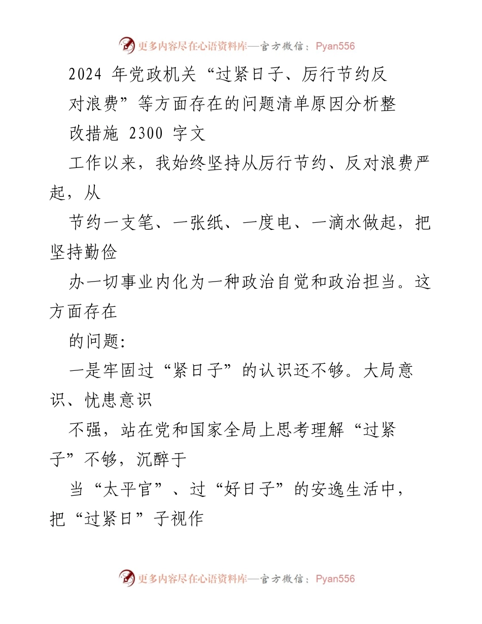 [工作总结] 党政机关 - 2024年党政机关厉行节约与反对浪费问题分析及整改措施.docx_第1页