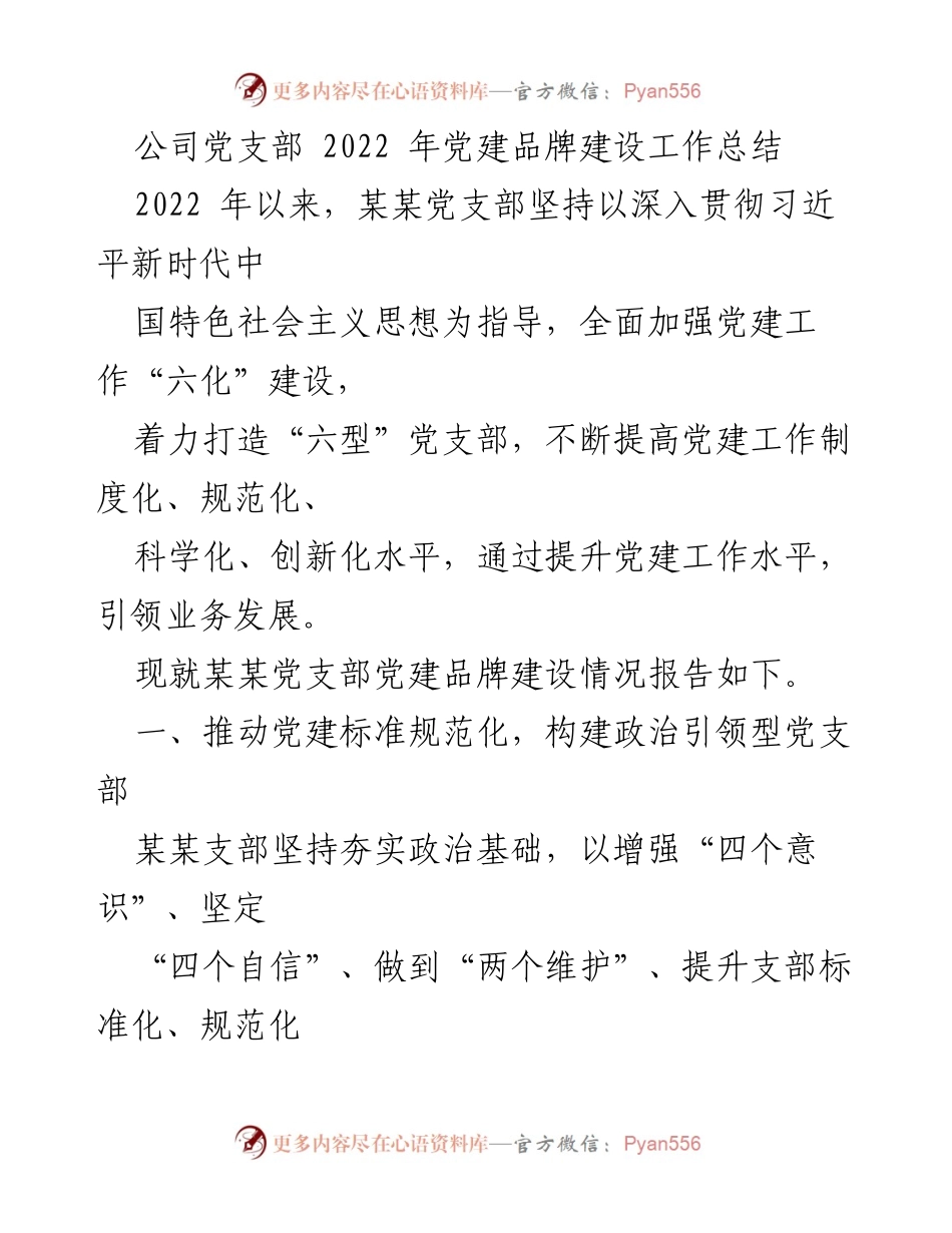 [工作总结] 党支部 - 2022年某某党支部党建品牌建设工作总结.docx_第1页