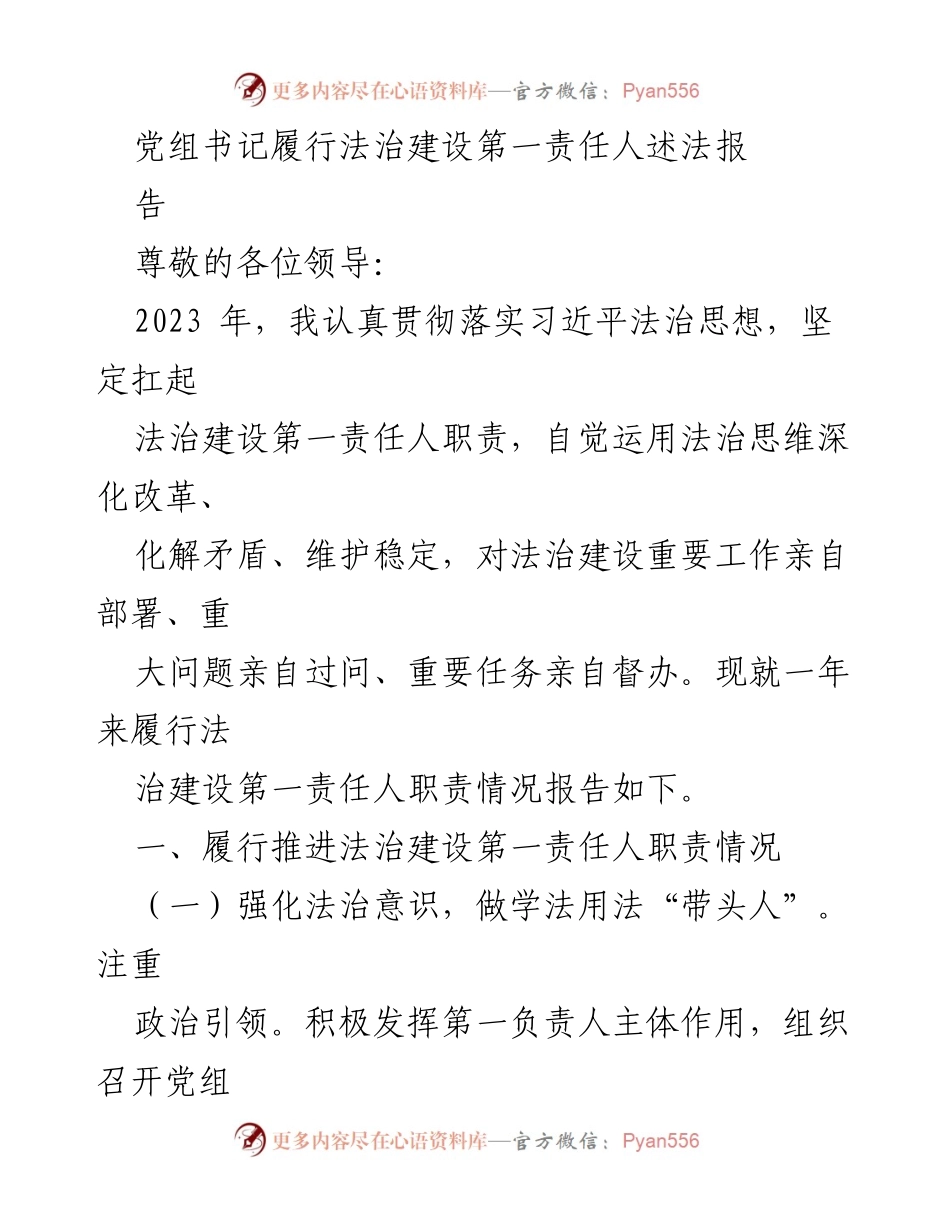 [工作总结] 党组书记法治建设责任履行 - 2023年法治建设责任履行总结报告.docx_第1页
