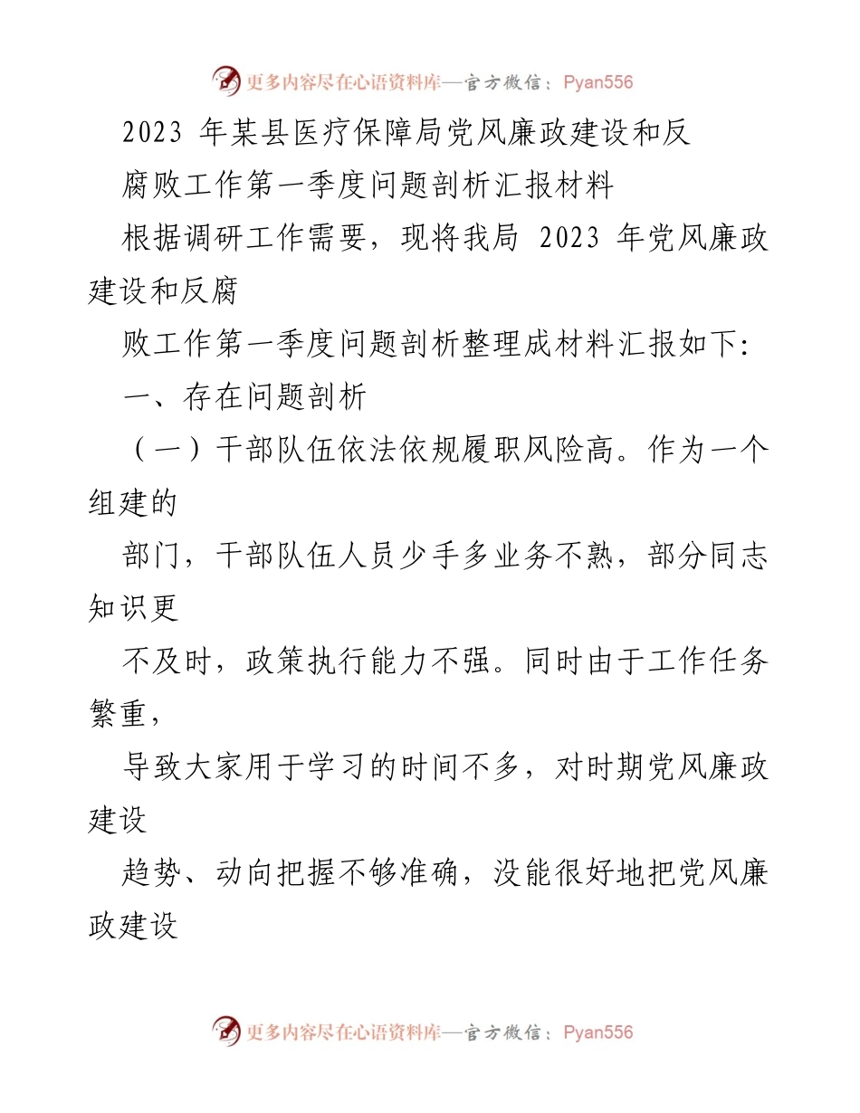 [工作总结] 医疗保障局 - 2023年第一季度党风廉政建设与反腐败工作问题剖析报告.docx_第1页