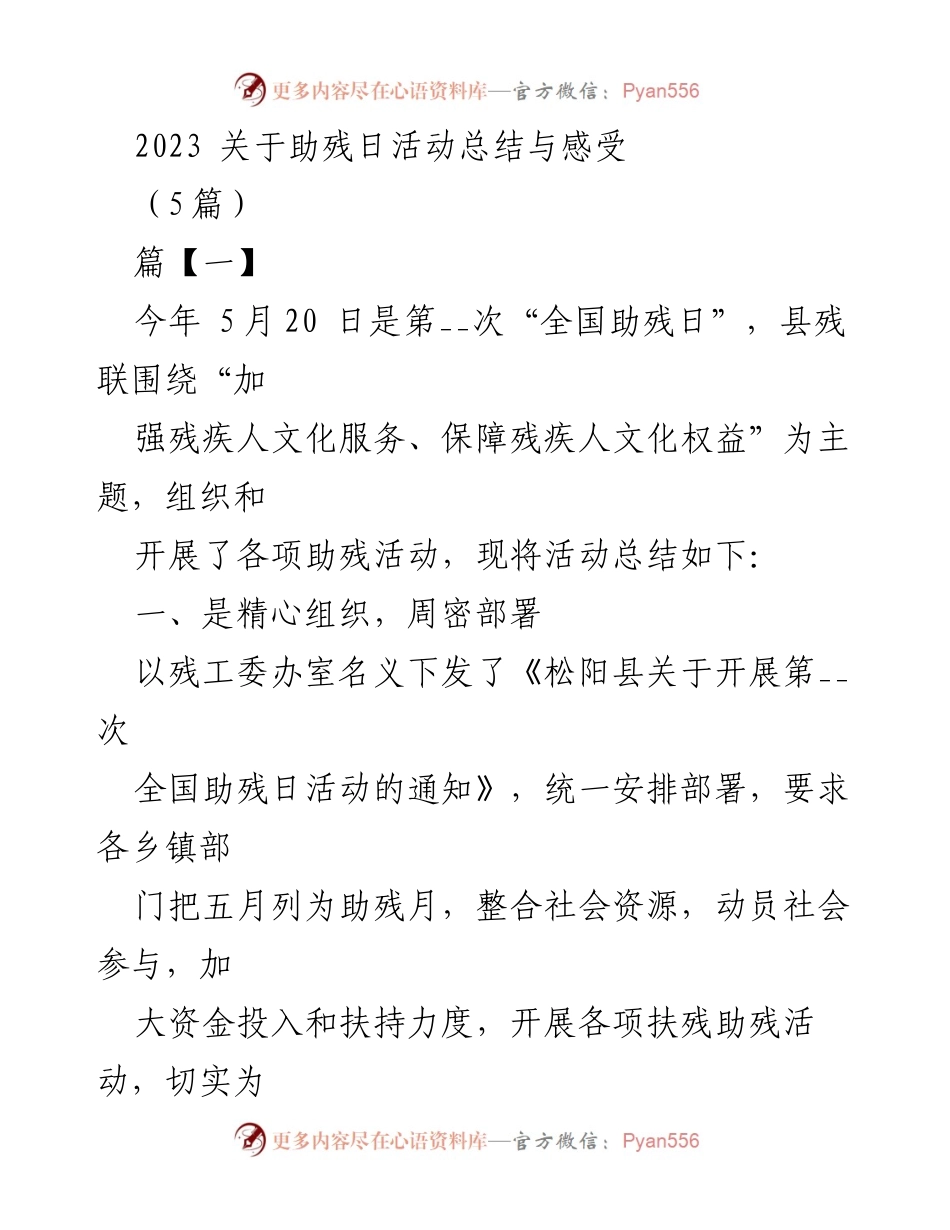 [工作总结] 助残日活动 - 2023全国助残日活动总结与感受.docx_第1页