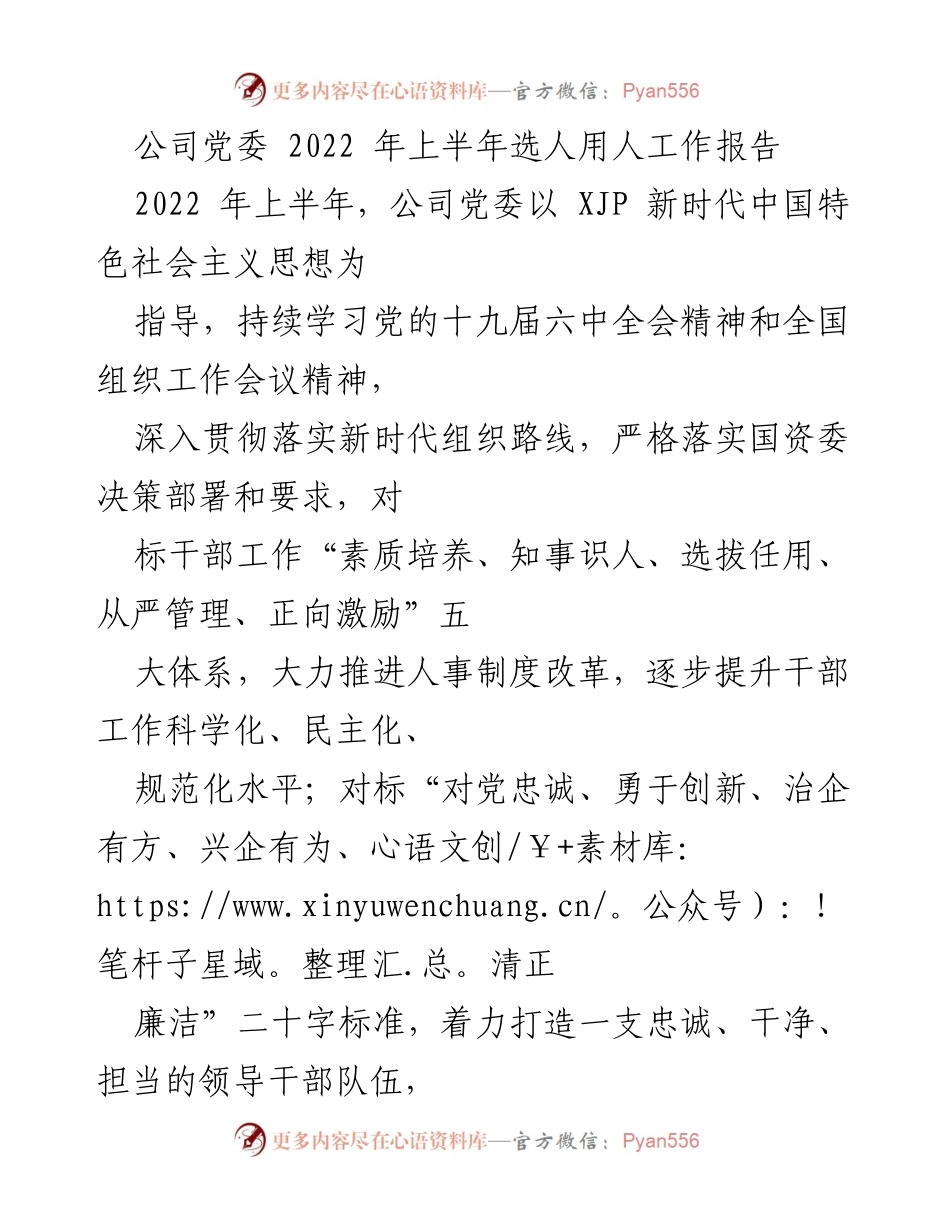 [工作总结] 公司党委 - 2022年上半年选人用人工作报告.docx_第1页
