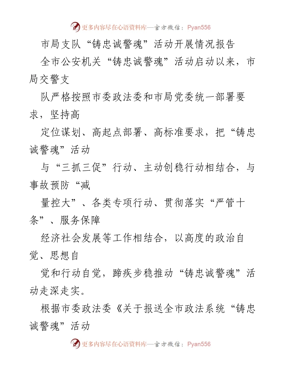 [工作总结] 公安机关 - 市局交警支队“铸忠诚警魂”活动开展情况总结报告.docx_第1页