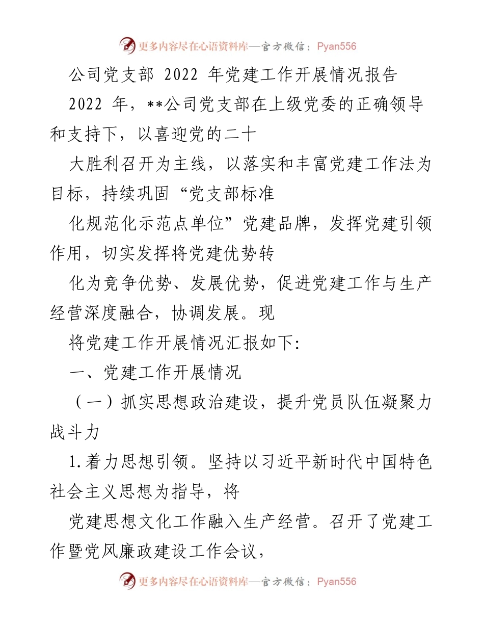 [工作总结] 公司党支部 - 2022年党建工作开展情况报告.docx_第1页