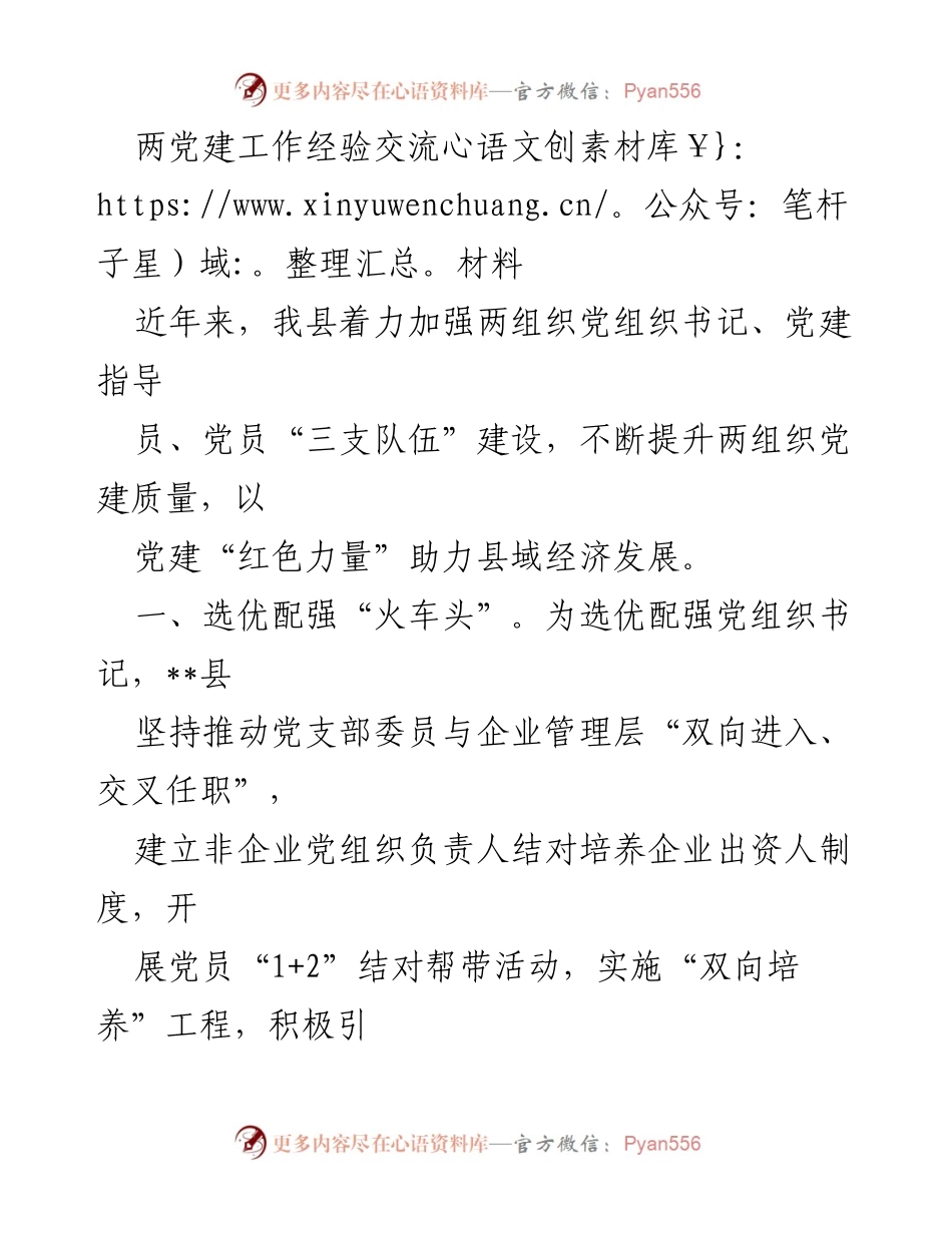 [工作总结] 党建工作经验交流 - 提升两组织党建质量，助力县域经济发展.docx_第1页