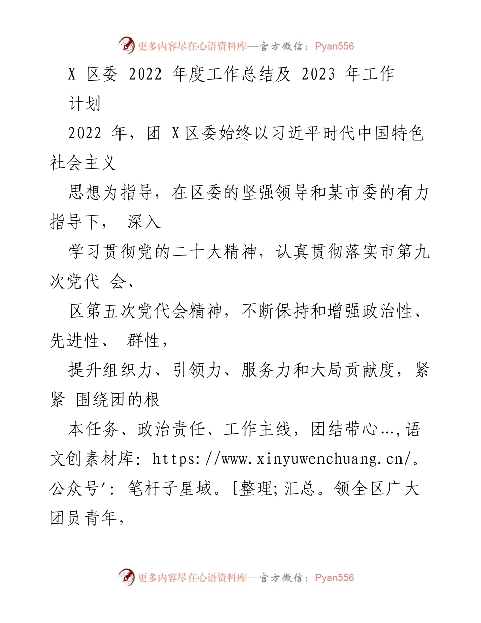 [工作总结] 区委会议 - 2022年度团X区委工作总结与2023年工作计划.docx_第1页