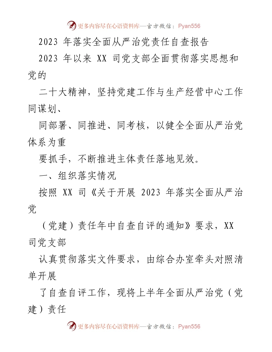 [工作总结] 党支部自查 - 2023年全面从严治党责任落实自查报告.docx_第1页
