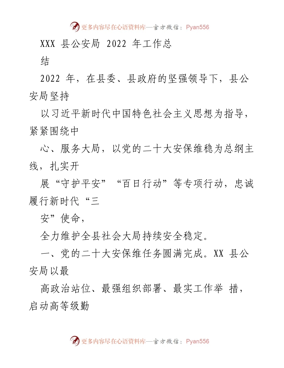 [工作总结] 公安局年度工作 - 2022年XXX县公安局工作总结与安保成效分析.docx_第1页