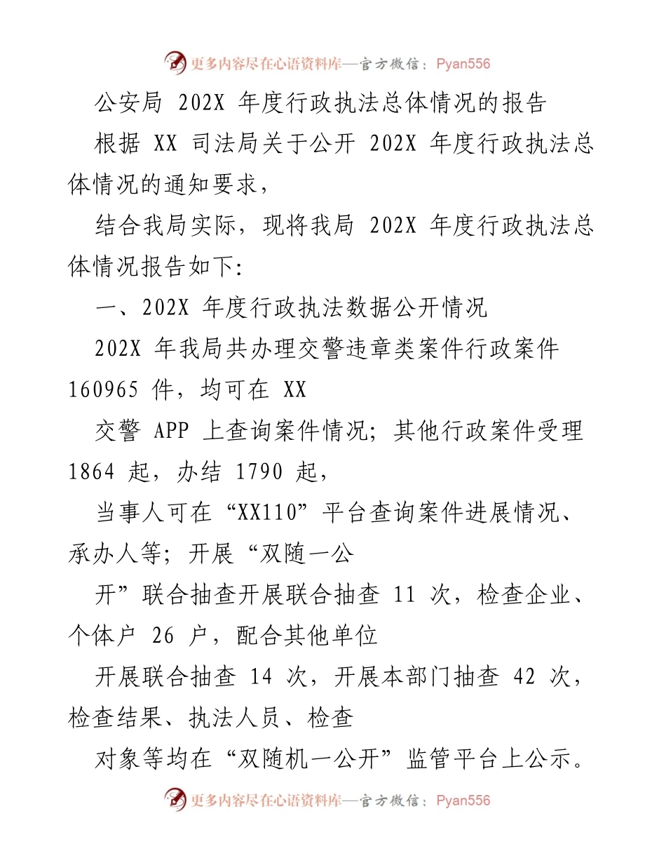 [工作总结] 公安局年度工作 - 202X年度行政执法总体情况报告.docx_第1页