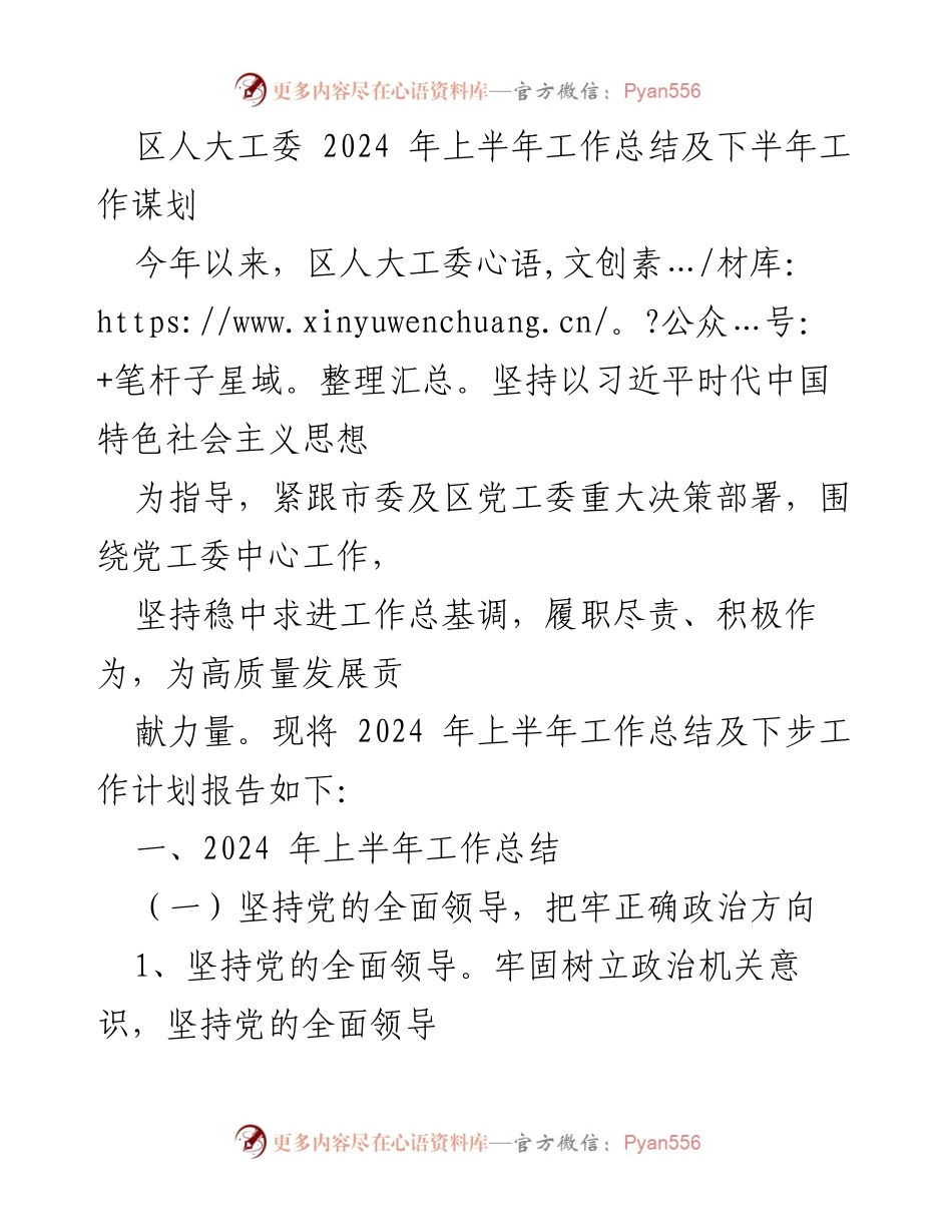 [工作总结] 区人大工委 - 2024年上半年工作总结与下半年工作规划.docx_第1页