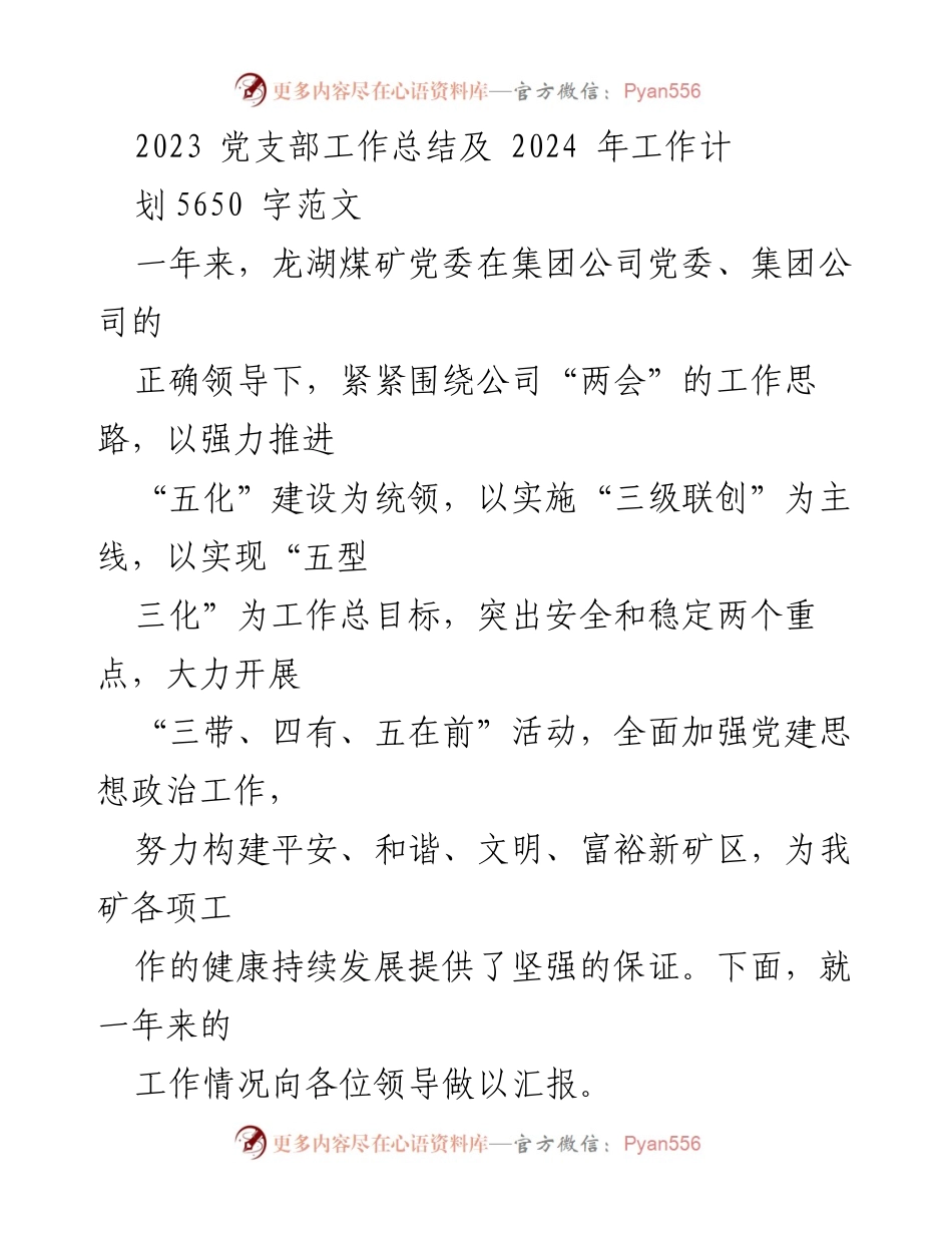 [工作总结] 党支部会议 - 2023年度龙湖煤矿党支部工作总结与2024年工作计划.docx_第1页