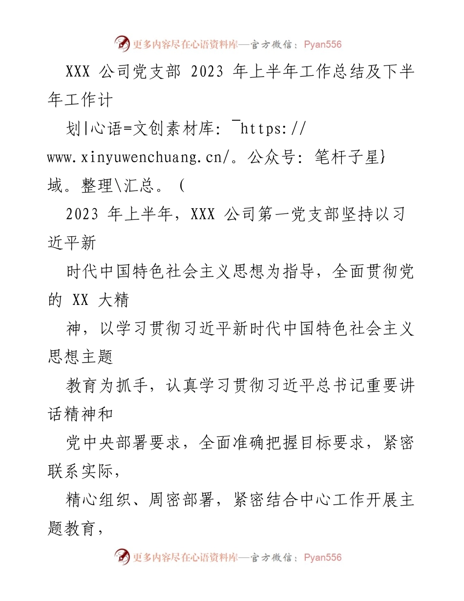 [工作总结] 党支部 - XXX公司2023年上半年党支部工作总结及下半年工作计划.docx_第1页