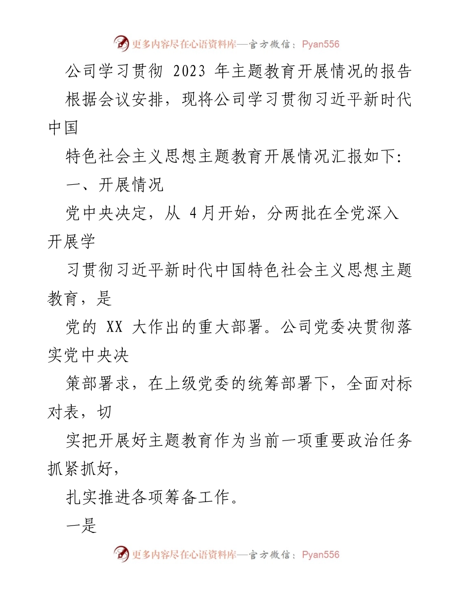 [工作总结] 公司会议 - 2023年主题教育开展情况汇报.docx_第1页